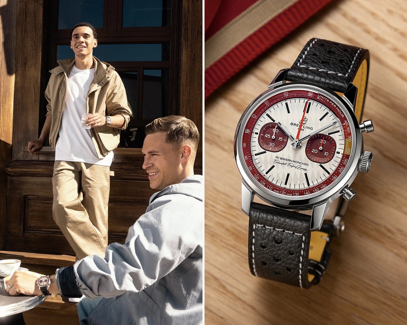 Zwei FC-Bayern-Profis tragen Breitling-Uhren, daneben der Chronograph in der FC-Bayern-Edition