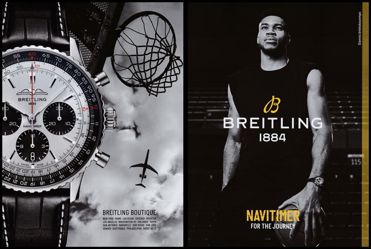 Breitling-Kampagnenmotiv mit Giannis Antetokounmpo und der Navitimer